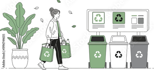 Sustainable lifestyle women recycling waste illustration.