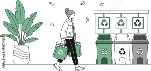 Sustainable lifestyle women recycling waste illustration.
