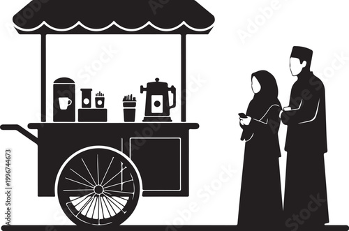 Arabic coffee cart, traditional Middle Eastern beverage vendor, black vector illustration, food truck