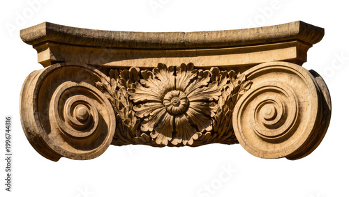 Tableau sur toile Ornate stone column capital with volutes and acanthus leaves, isolated on transp