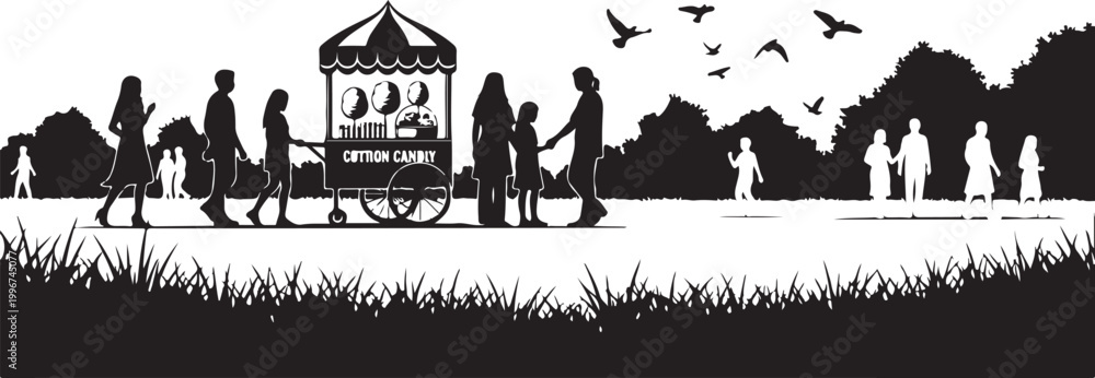 Fototapeta premium Black silhouette people walking, horse drawn carriage, birds flying, grassy landscape, vector illustration