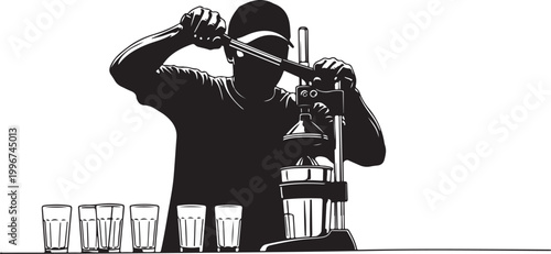 Bartender, pouring drink, cocktail preparation, bar tools, black silhouette