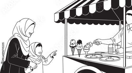 Black and white illustration, Muslim woman and child buying ice cream, vendor serving frozen treats