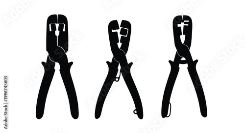 Three different wire stripping pliers shown in a stark black silhouette