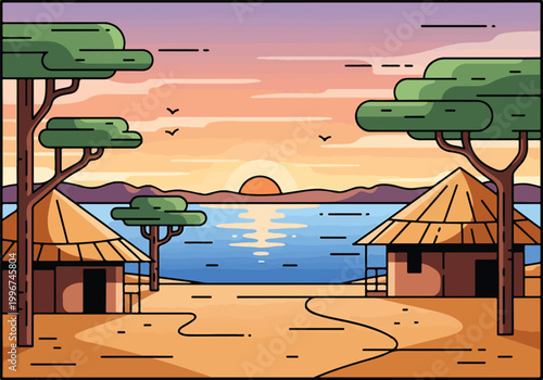 Colorful village by serene lake at sunset