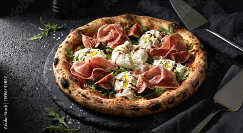 Gourmet pizza with fresh burrata cheese, prosciutto crudo, and sweet figs on dark stone