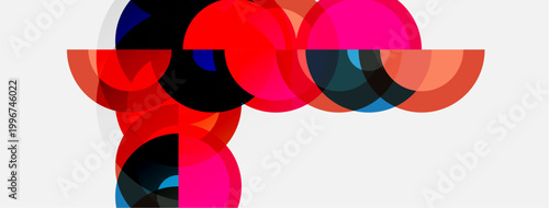 Abstract composition featuring overlapping colorful circles. Shapes create dynamic visual impact, modern aesthetic. Clean background enhances vibrant hues.
