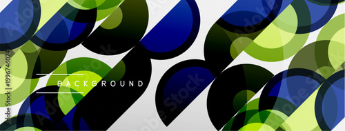 Abstract circles overlap, creating dynamic visual texture. Green, blue, black hues dominate design. White space provides contrast.