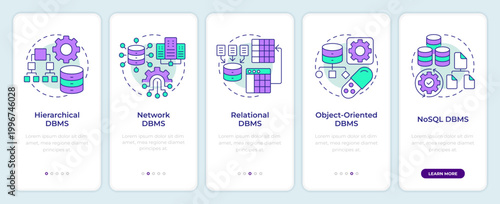 Various dbms categories onboarding mobile app screen. Data management. Walkthrough 5 steps editable graphic instructions with linear concepts. UI, UX, GUI. Montserrat SemiBold, Regular fonts used