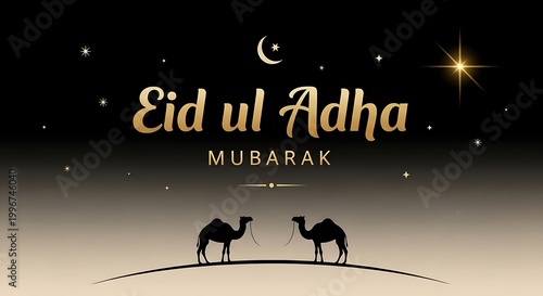Elegant Eid ul Adha Mubarak greeting featuring gold typography and camel silhouettes against a starry black and gold background