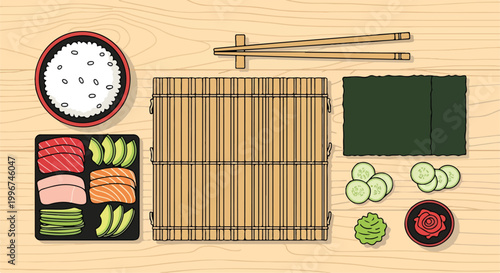 Sushi ingredients on wooden table