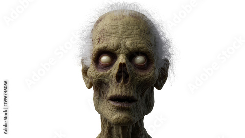 Foto Decaying zombie head with white hair, isolated on transparent background