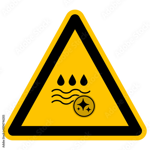 Hazard warning sign with liquid water drops and wavy lines icon combined with magical sparkles symbol representing artificial intelligence or cleaning chemistry technology