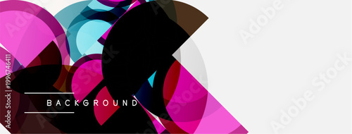 Abstract shapes overlap, creating dynamic composition. Pink, blue, black hues dominate white space. Modern design element.