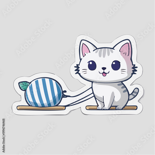 Cute cartoon cat playing with a ball of yarn
