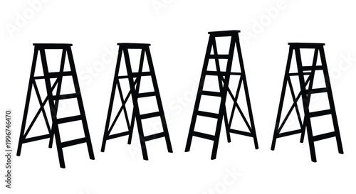 Four black ladders stand in a row depicted as a bold silhouette
