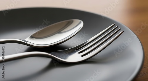 Elegant silverware setting a fork and spoon on a dark plate