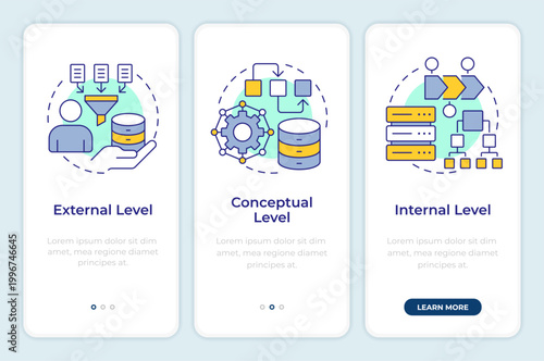 Data architecture models onboarding mobile app screen. Analysis process. Walkthrough 3 steps editable graphic instructions with linear concepts. UI, UX, GUI. Montserrat SemiBold, Regular fonts used