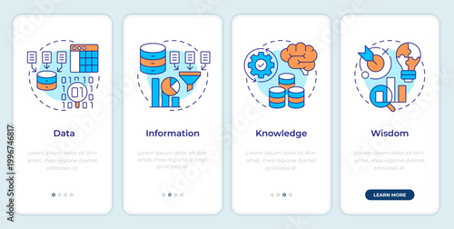 Types of data sources onboarding mobile app screen. Information filtering. Walkthrough 4 steps editable graphic instructions with linear concepts. UI, UX, GUI. Montserrat SemiBold, Regular fonts used