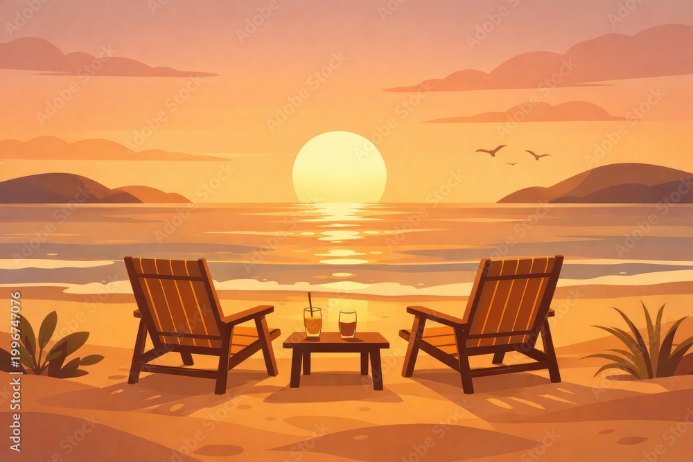 Fototapeta premium Two wooden beach chairs placed on a sandy beach with a small table and two drinks between them overlooking a calm ocean during a golden sunset