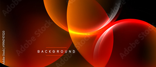 Abstract design features vibrant orange, red curves. Dark background enhances luminosity, creating dynamic visual impact. Modern aesthetic.