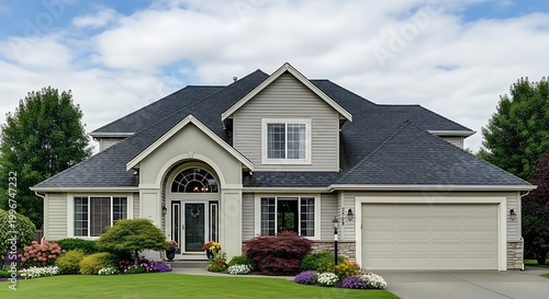Beautiful suburban home with gray exterior and landscaped front yard