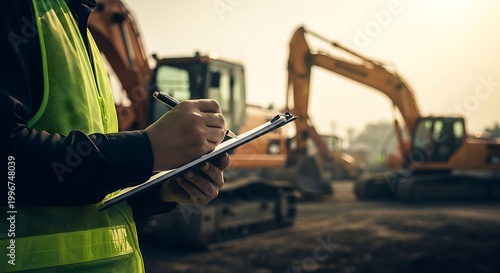 Construction site worker and excavator a focus on safety and heavy machinery