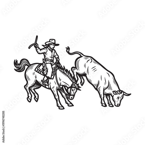 Cowboy riding a bucking bull in a rodeo sketch