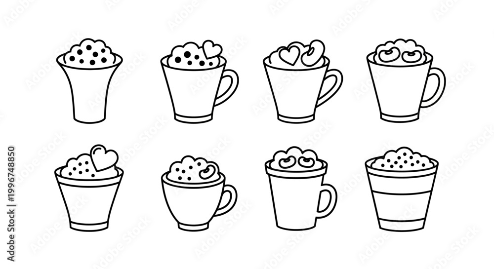 Obraz premium Set of outline icons depicting coffee cups with whipped cream, various toppings including hearts, for dessert menus or sweet treat illustrations