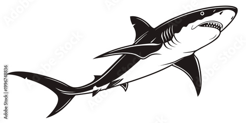 Tableau sur toile Black and white vector illustration of a great white shark showing predatory mov