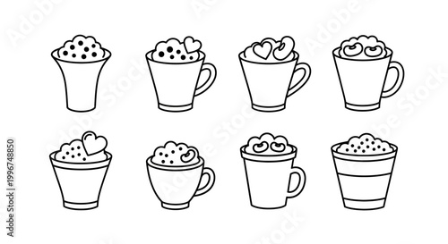 Set of outline icons depicting coffee cups with whipped cream, various toppings including hearts, for dessert menus or sweet treat illustrations