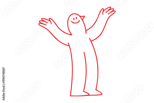 Minimalist red line drawing of a happy character with arms raised, joyful person doodle vector, simple outline of a cheering human figure