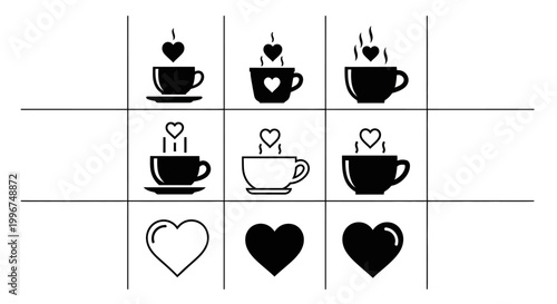 Set of black and white heart and coffee cup icons isolated on white background depicting love for hot beverages and romantic themes