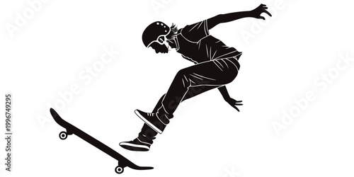 Valokuva Skateboarder in protective gear performing mid-air trick silhouette with skatebo