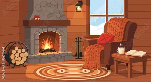 Cozy cabin interior with fireplace and armchair