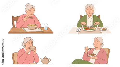 Grandma Eating Food Color Vector Set – 4 Senior Meal Activity Illustrations in Clean Grid