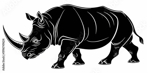 Bild auf Leinwand Black and white rhinoceros silhouette walking side view isolated graphic rhinoce