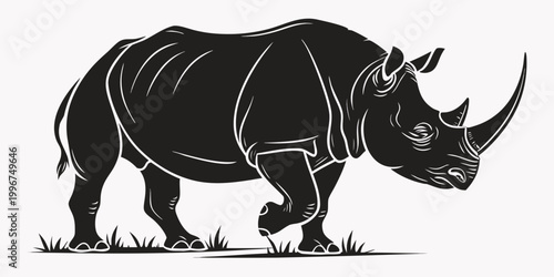 Foto Side view of a black rhinoceros standing on grass silhouette illustration with r