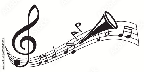 Canvas Print Musical staff with treble clef notes and trumpet illustration instrument classic