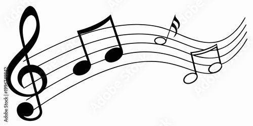 Foto Black and white musical staff illustration with treble clef and flowing notes co