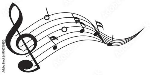 Bild auf Leinwand Curved musical staff with treble clef and various notes in simple graphic design