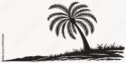 Single tropical palm tree silhouette on grassy landscape with tropical silhouette vacation landscape botanical isolated contrast paradise relaxing environment decorative illustration