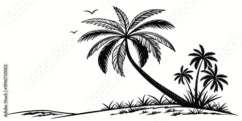 Three palm trees on tropical beach silhouette with birds tropical silhouette vacation landscape botanical isolated contrast paradise relaxing environment illustration