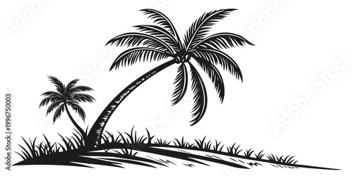 Two palm trees silhouette on island landscape with tropical silhouette landscape botanical isolated contrast paradise relaxing environment decorative illustration background