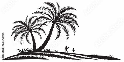 People walking by palm trees on tropical island silhouette with tropical silhouette landscape botanical isolated contrast paradise relaxing environment illustration