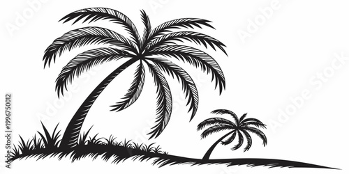 Double tropical palm tree silhouette design with grass on island shoreline tropical silhouette vacation landscape illustration paradise botanical background creative outdoors relaxing