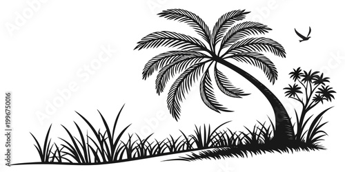 Tropical palm tree silhouette island landscape with grass and flying bird graphic illustration tropical silhouette vacation landscape illustration paradise botanical background creative