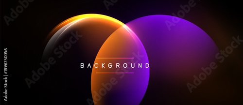 Abstract design features overlapping orange, purple circles. Dark background enhances vibrant color gradients, creating modern visual effect.