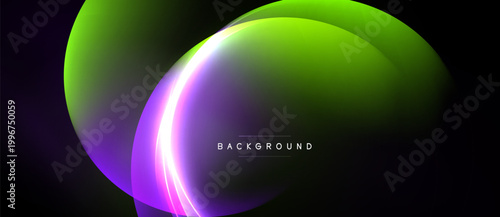 Abstract design features layered glowing shapes. Vivid green, purple hues dominate dark background. Modern, dynamic visual presentation.