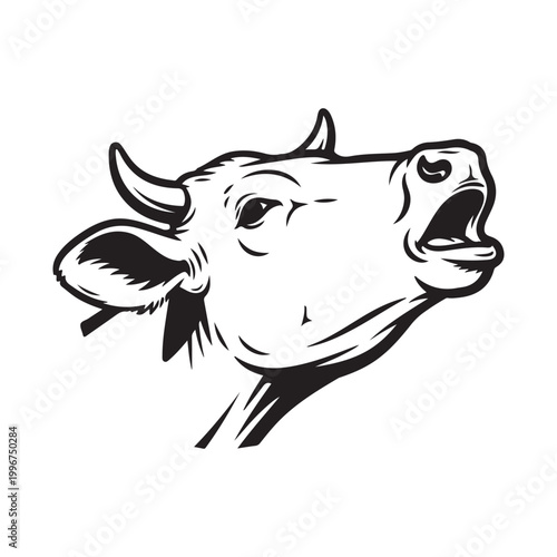 Black and white illustration of a mooing cow head